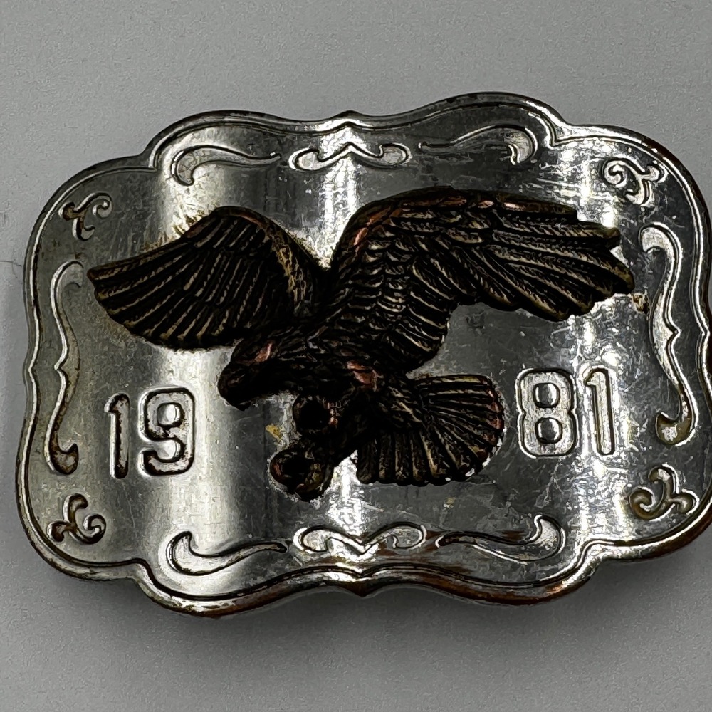 Vintage 1981 Eagle Belt Buckle Western Americana Silver Bronze Two Tone 80s